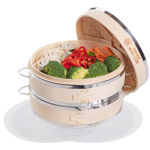Three Way Cut bamboo steamer front view showing stacked baskets and lid, versatile capacity