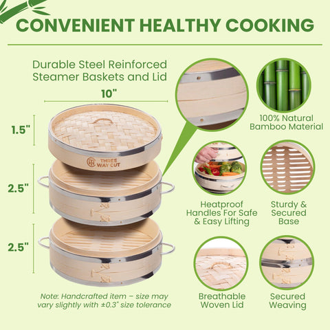 Three Way Cut close-up of woven bamboo base showcasing steam circulation for evenly cooked food