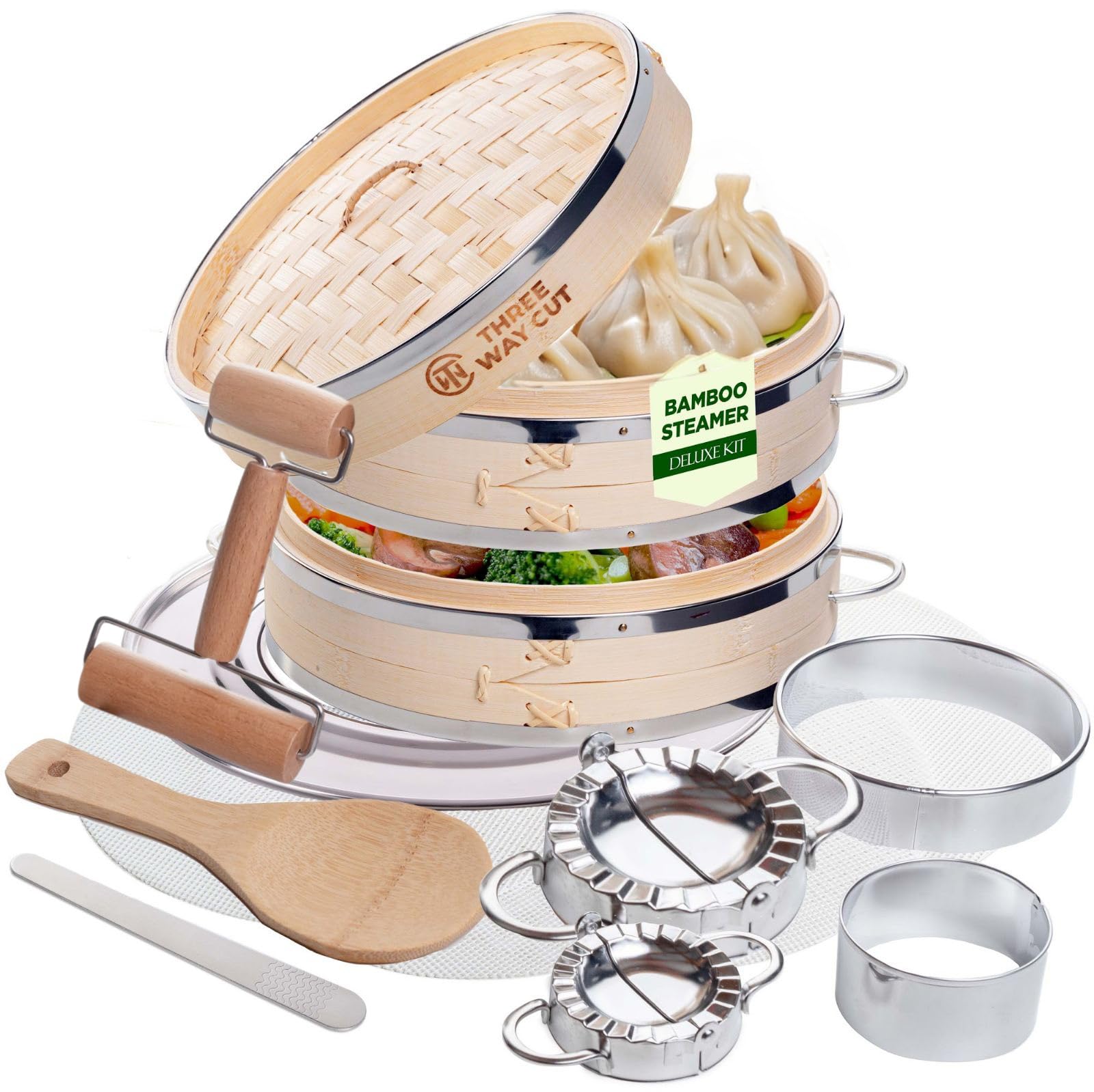 Three Way Cut front view of 10-inch bamboo steamer showing complete set and lid, promotes organized meal prep