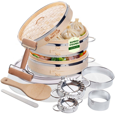 Three Way Cut front view of 10-inch bamboo steamer showing complete set and lid, promotes organized meal prep