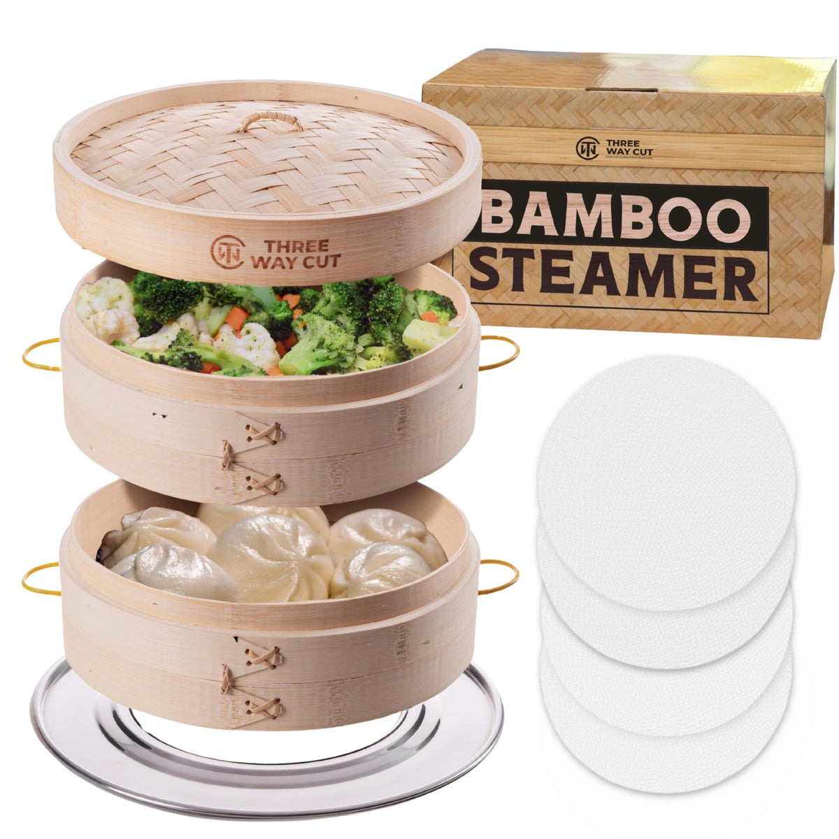 Three Way Cut front view of 10-inch bamboo steamer kit showing components and benefit convenience