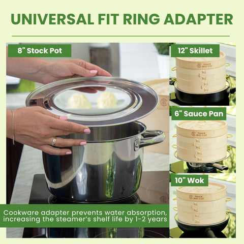 Three Way Cut bamboo steamer set on pot with adapter ring showing fit and stovetop versatility