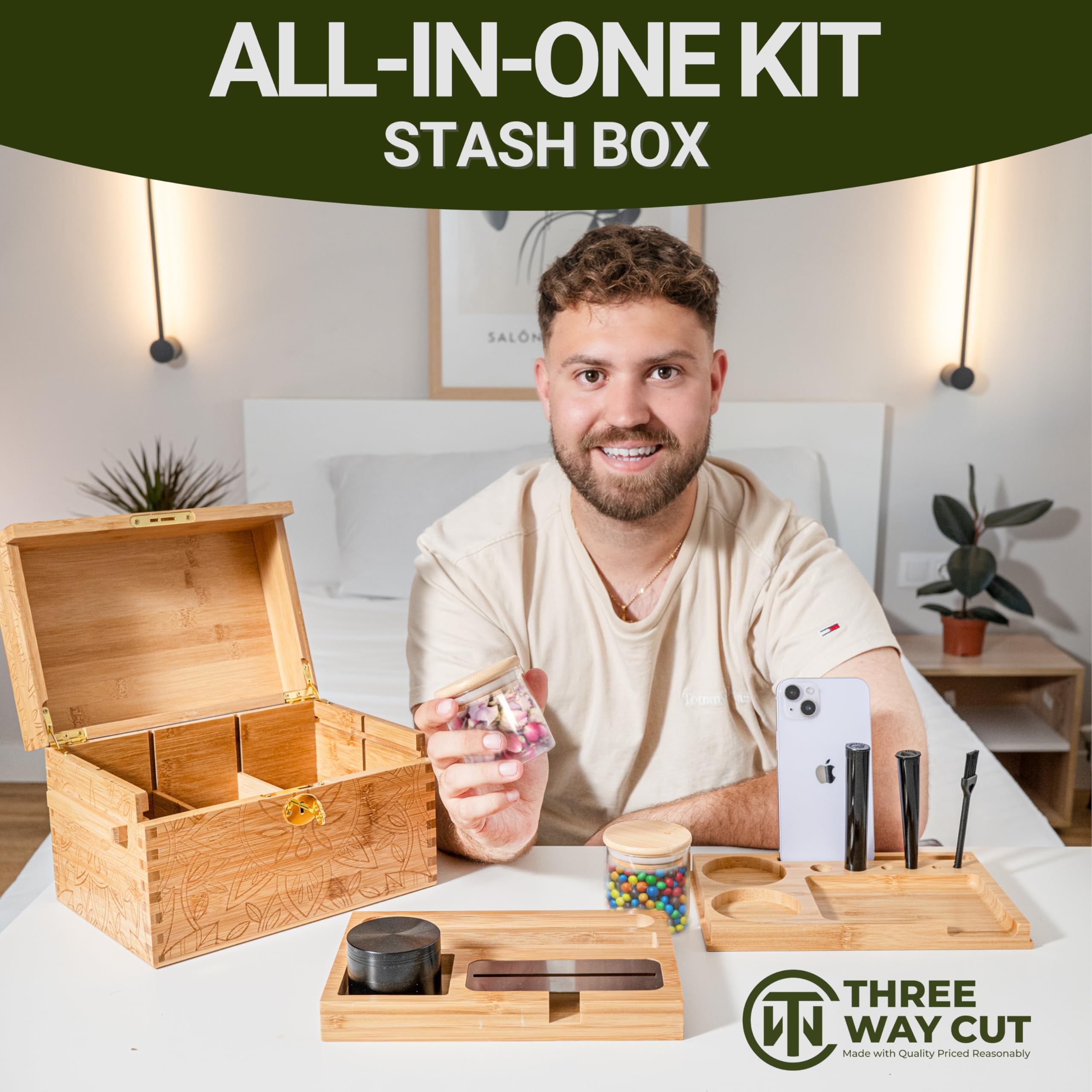 Three Way Cut box on kitchen counter illustrating decorative bamboo storage and easy access