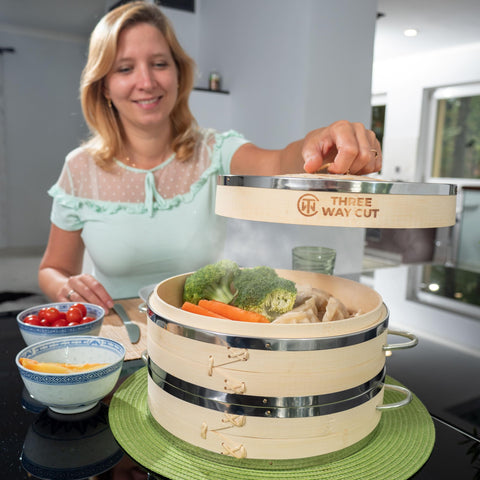 Three Way Cut silicone liners and dumpling accessories laid out for nonstick cooking and easy cleanup