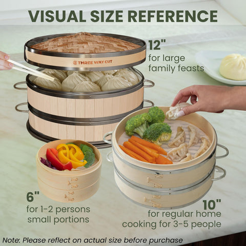 Three Way Cut steamer next to a common pot for size comparison to visualize 10-inch capacity