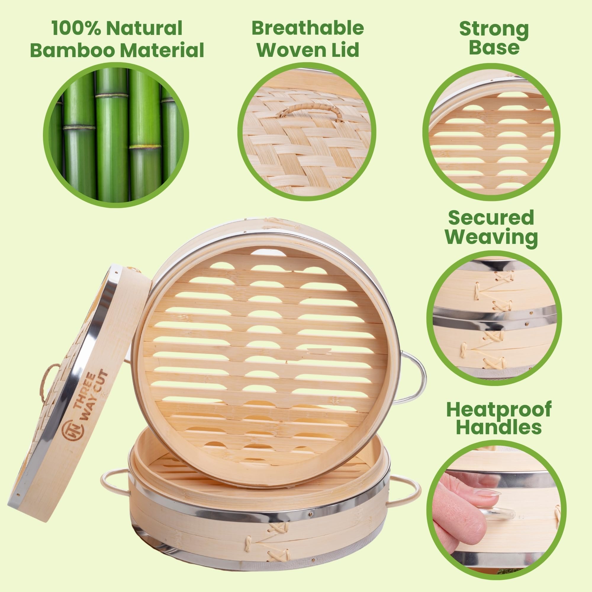 Three Way Cut steamer placed on pot steaming dumplings, efficient stovetop steaming