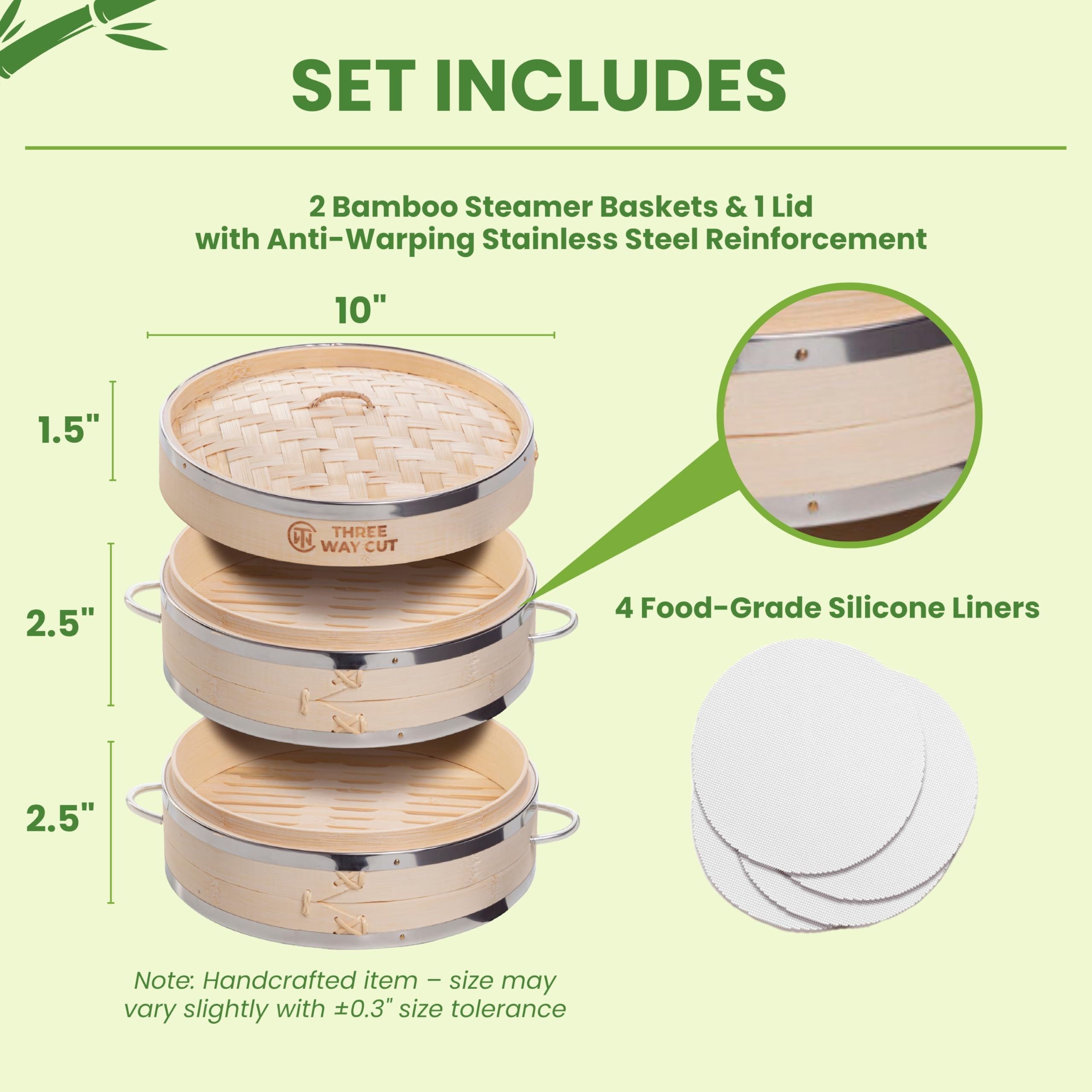Three Way Cut steamer with reusable silicone liners holding bao, nonstick convenience
