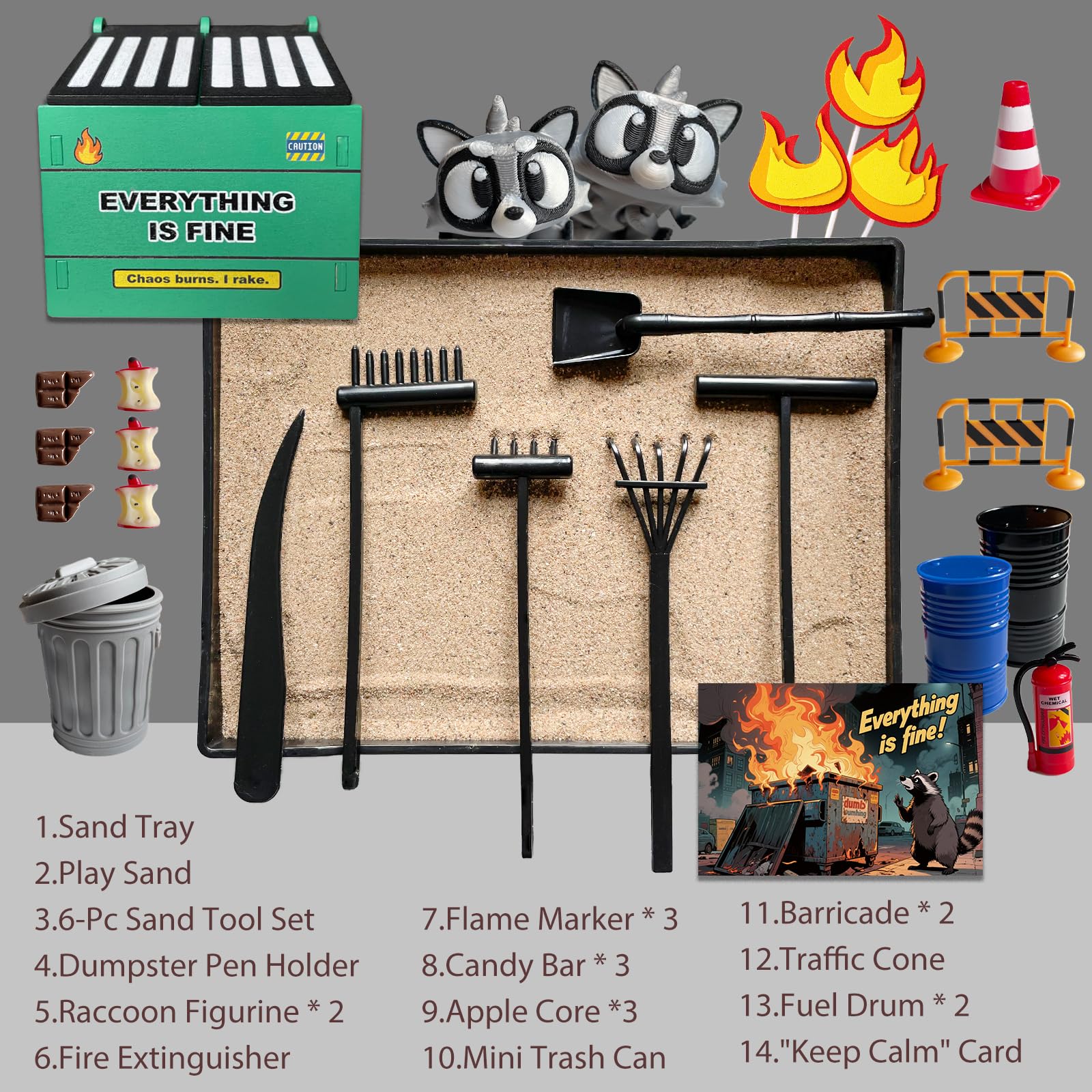 Threeheng black sand tray top view with arranged miniature scene
