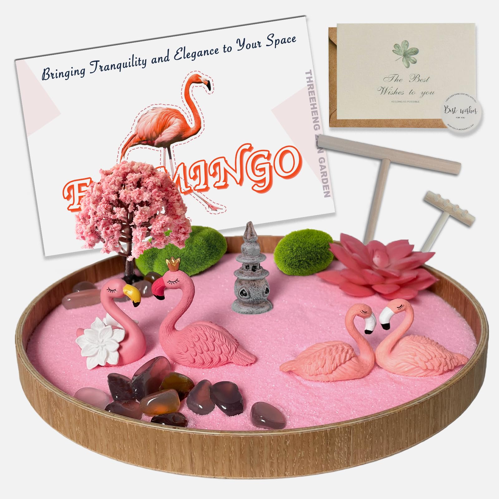 Threeheng flamingo zen garden front view showing bamboo tray and pink sand, decorative calm