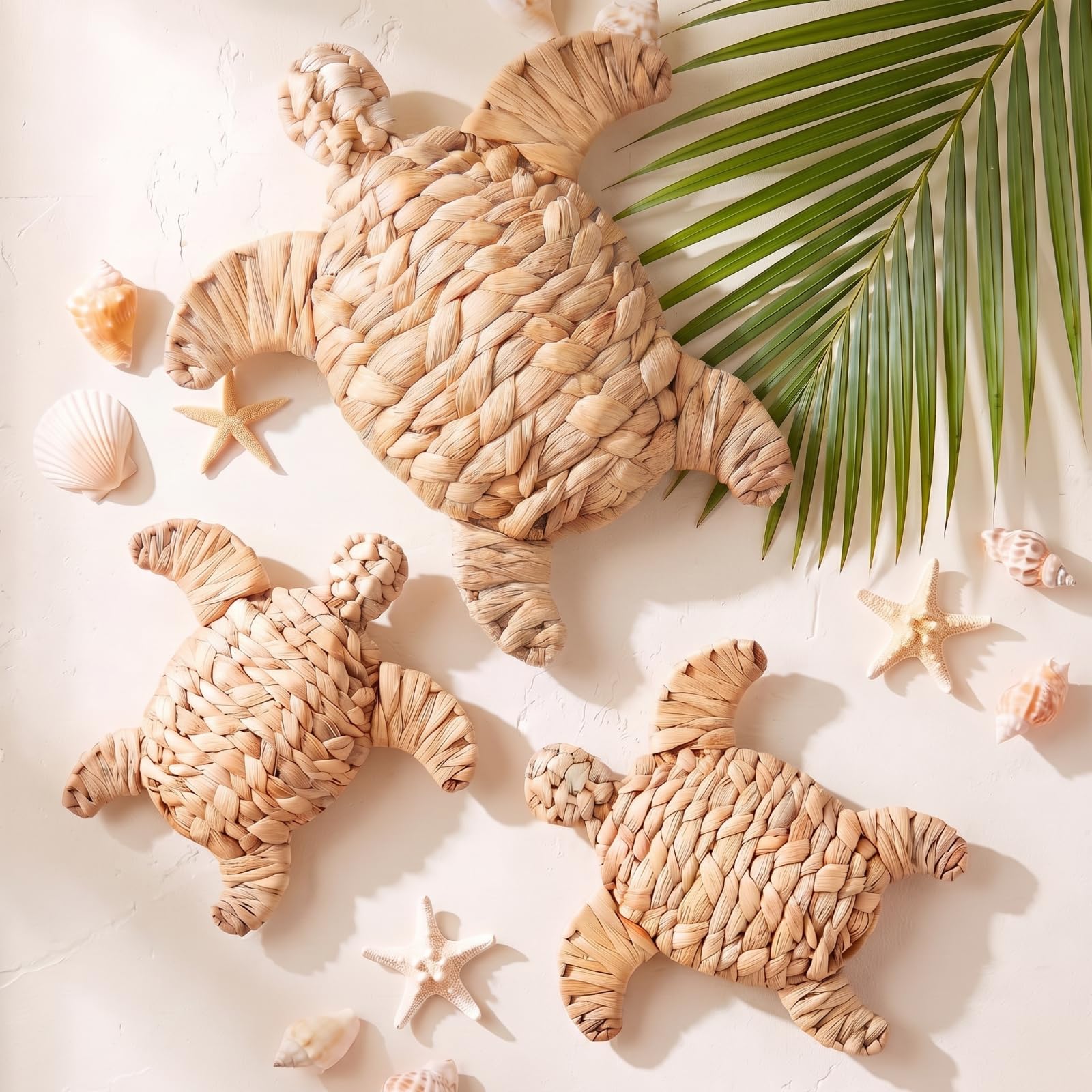 Threehoney front view of 3-piece wicker turtle set adds coastal charm