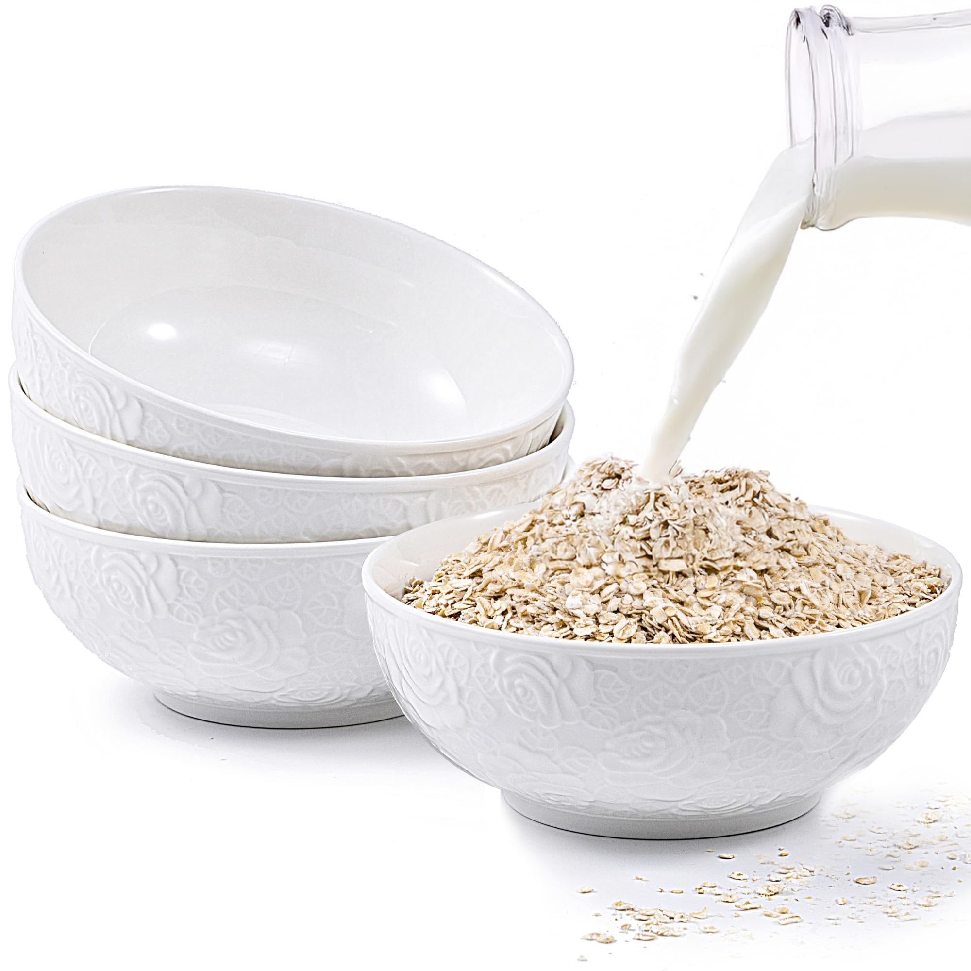 THRYVONA front view of white embossed bowl set shows elegant styling and practicality