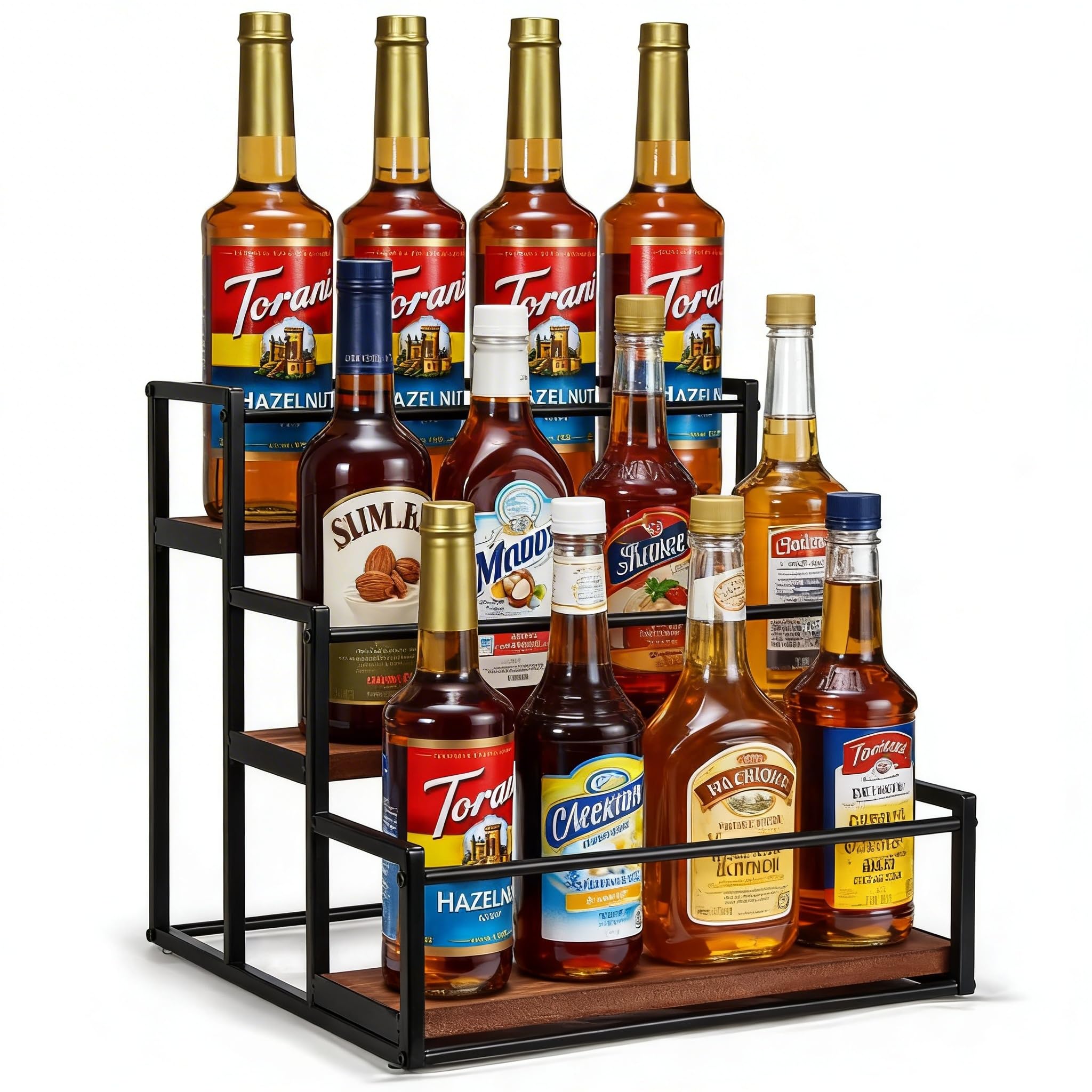 THYGIFTREE front view of 3-tier syrup rack showing neat bottle display and easy selection