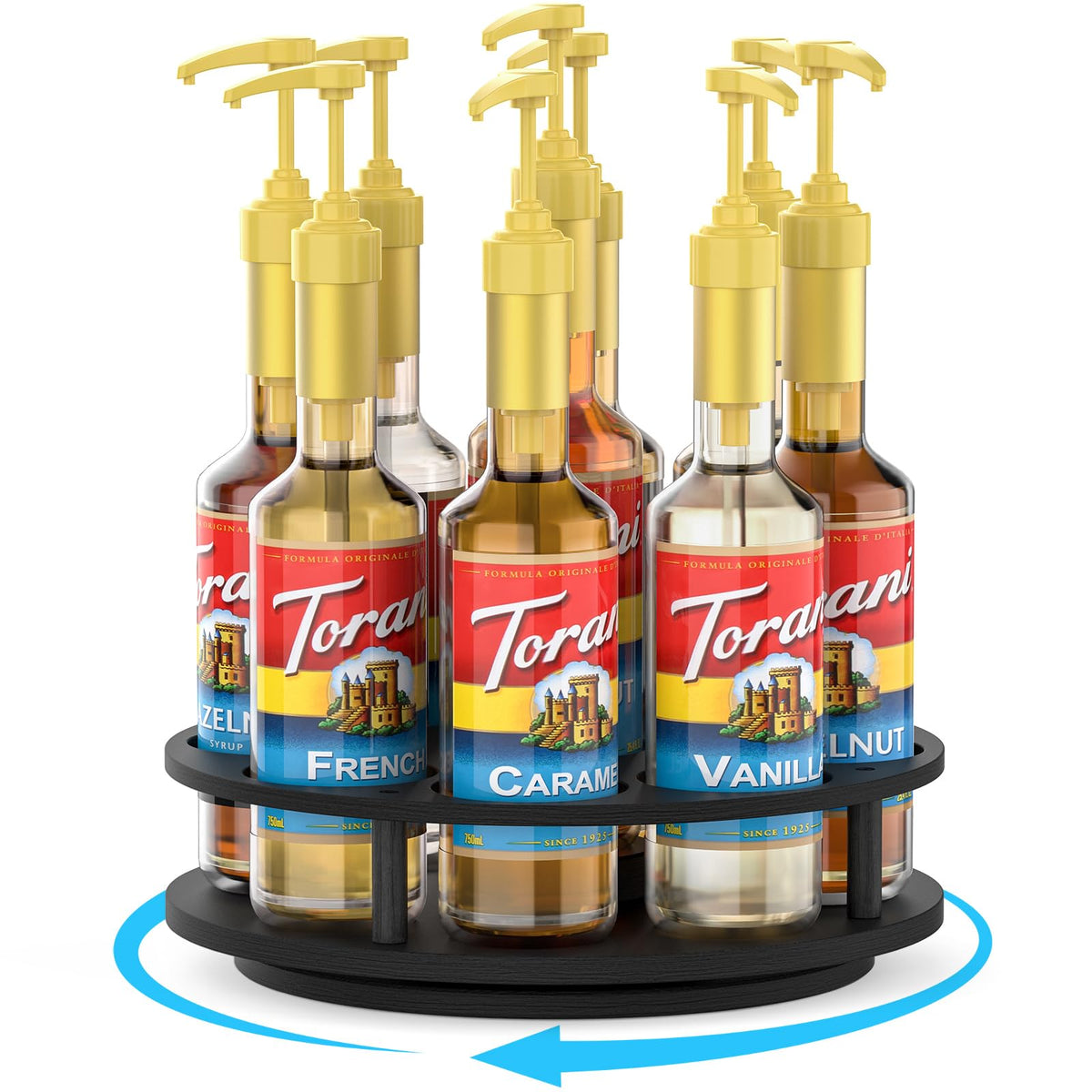 THYGIFTREE front view of 9-bottle wooden syrup rack showing organized bottles and easy access