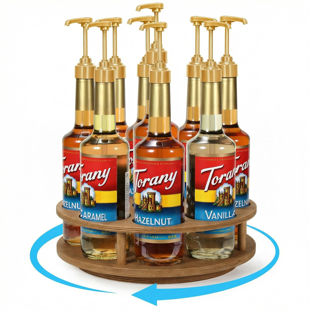 THYGIFTREE front view of full 9-bottle syrup rack organized and accessible