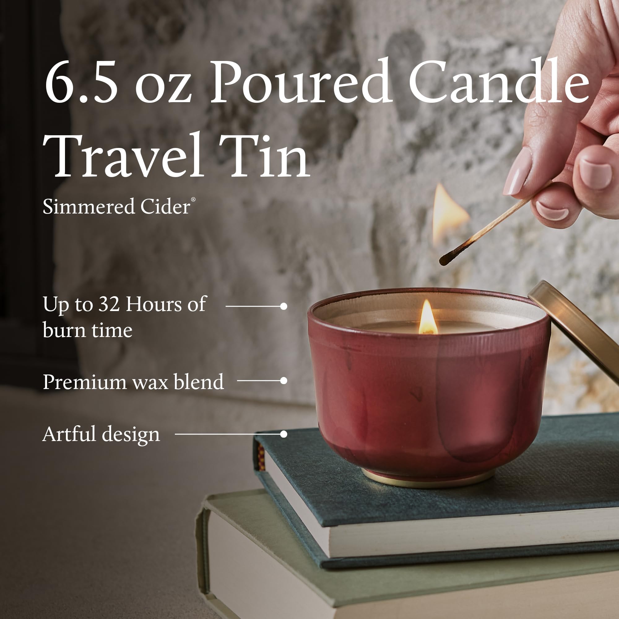 Thymes candle lit in living room creating warm apple spice ambiance
