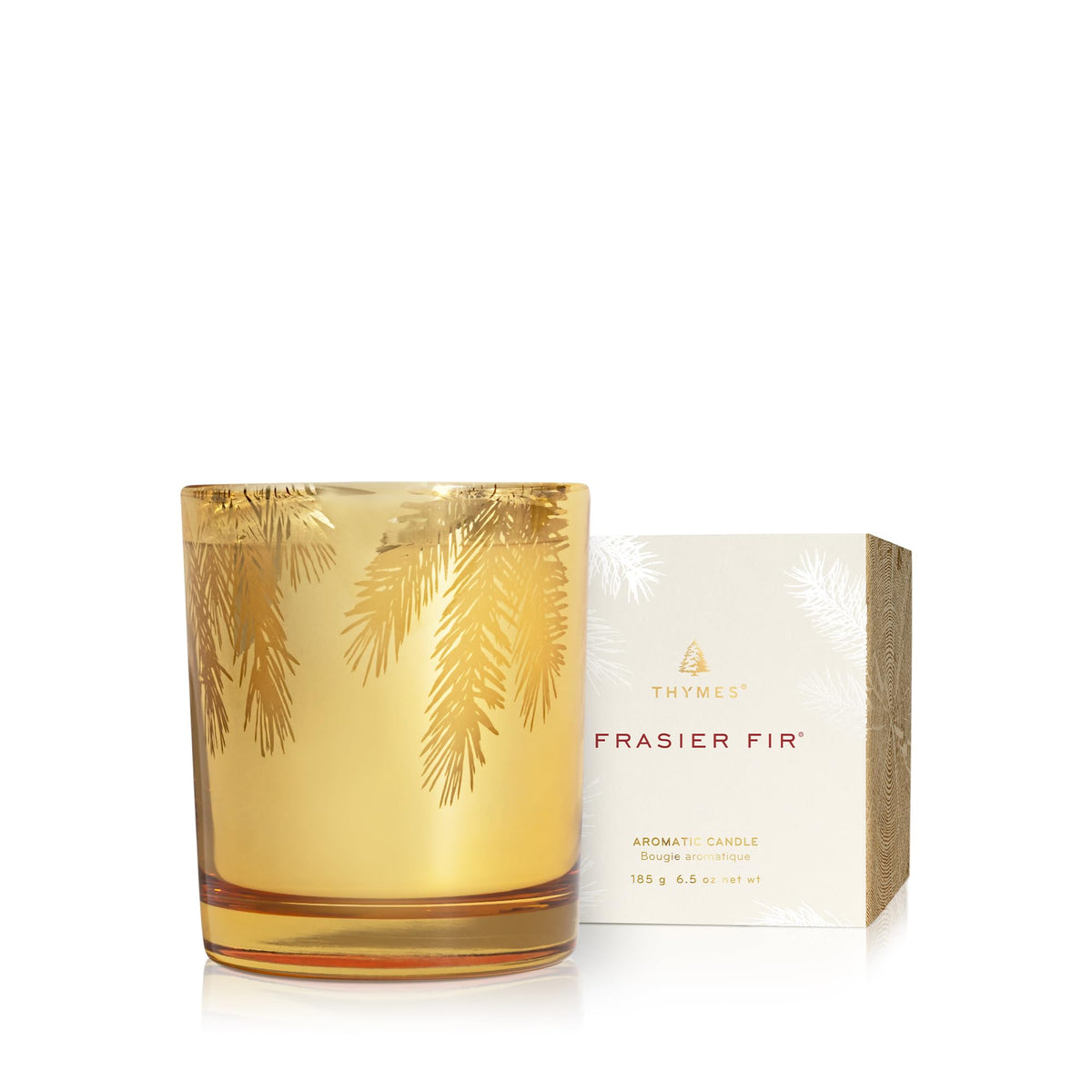 Thymes Frasier Fir front packaging showing elegant gold jar and pine design for festive decor