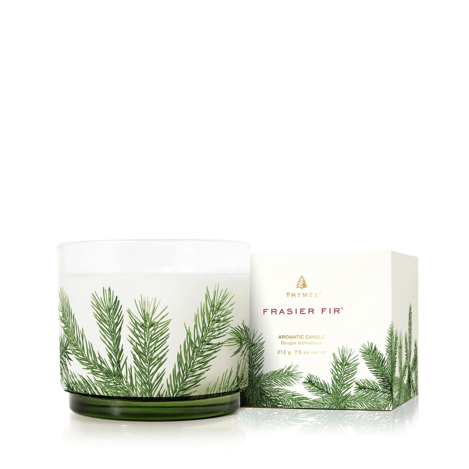 Thymes Frasier Fir front packaging showing pine-needle jar and holiday appeal