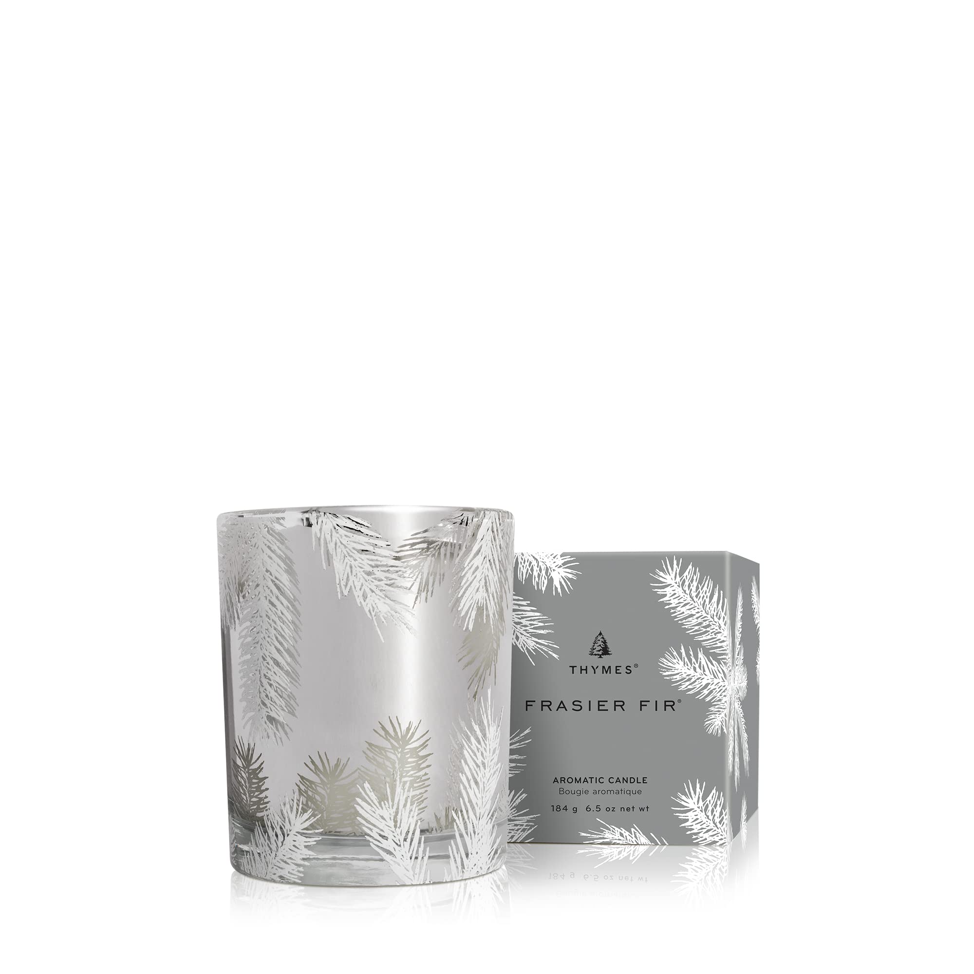 Thymes Frasier Fir front view silver jar, elegant decor impact