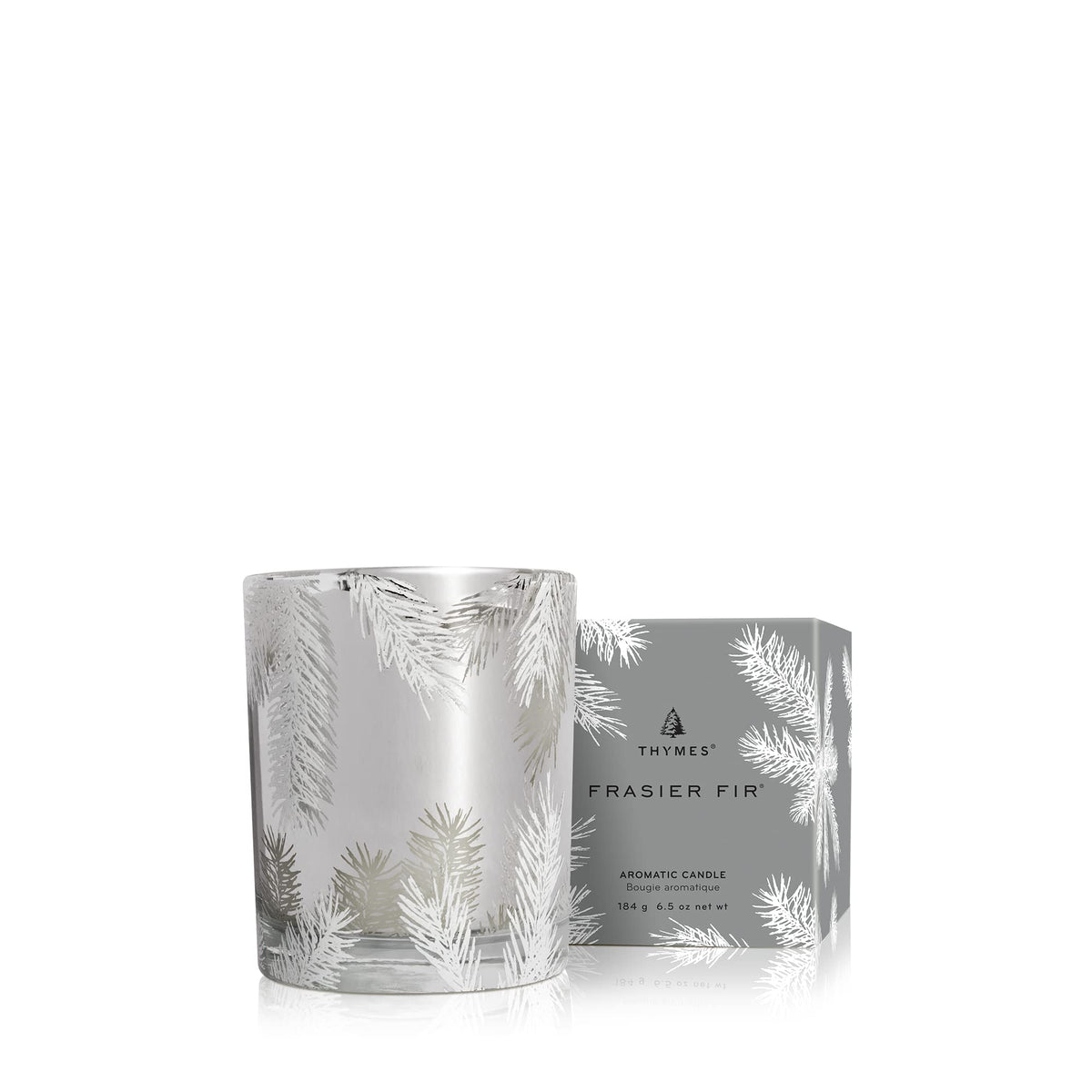 Thymes Frasier Fir front view silver jar, elegant decor impact