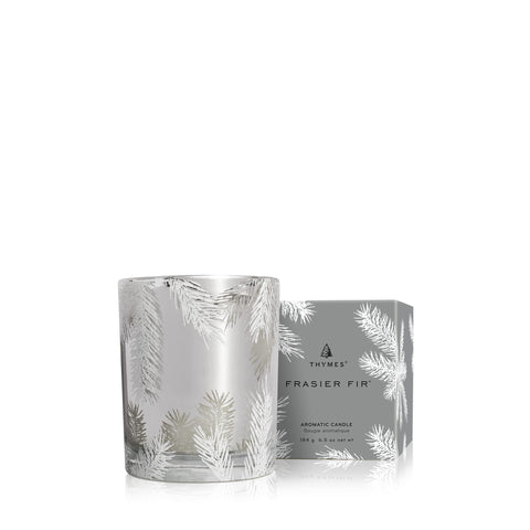 Thymes Frasier Fir front view silver jar, elegant decor impact