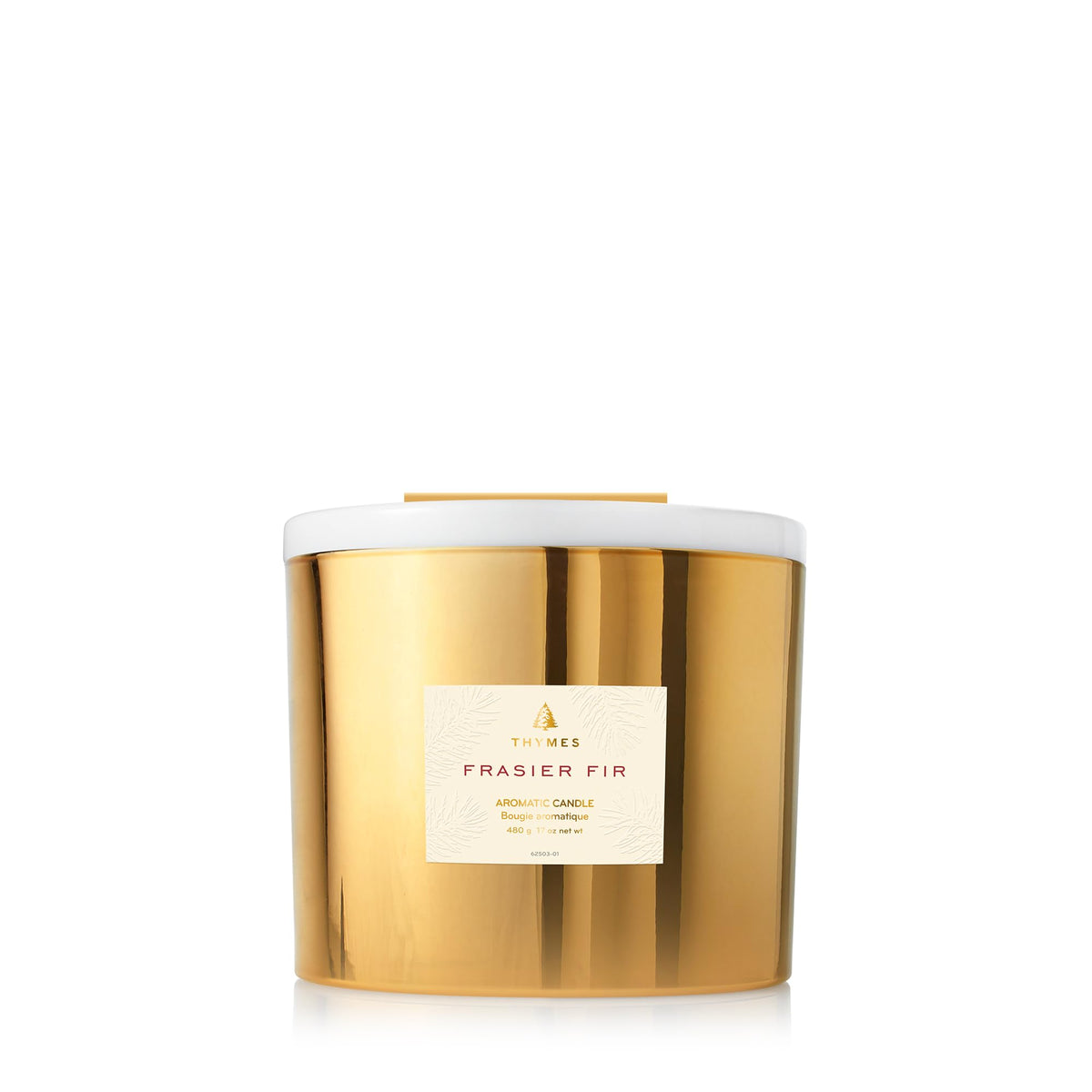 Thymes Frasier Fir gilded gold front view showing elegant jar and scent