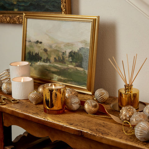Thymes Frasier Fir gold finish detail emphasizing luxurious look and table styling benefit