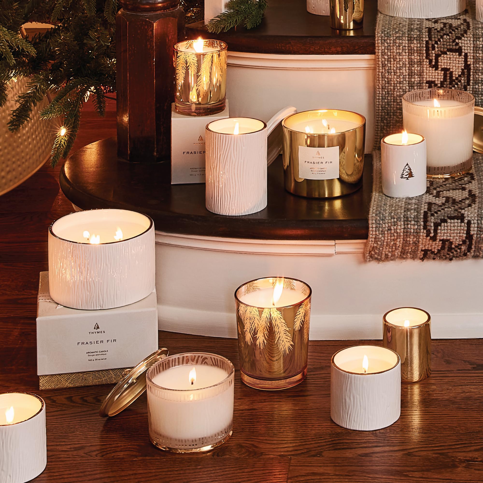 Thymes Frasier Fir styled on mantel with decor showing seasonal ambiance and gifting-ready look