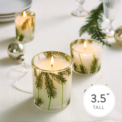 Thymes Frasier Fir candle lit in living room creating cozy ambience benefit