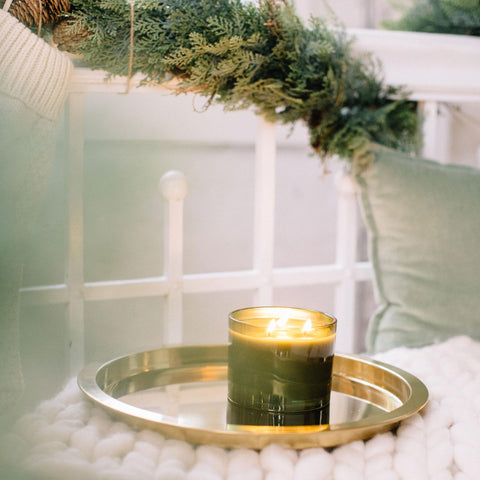 Thymes Frasier Fir olive-green jar close-up highlighting elegant finish
