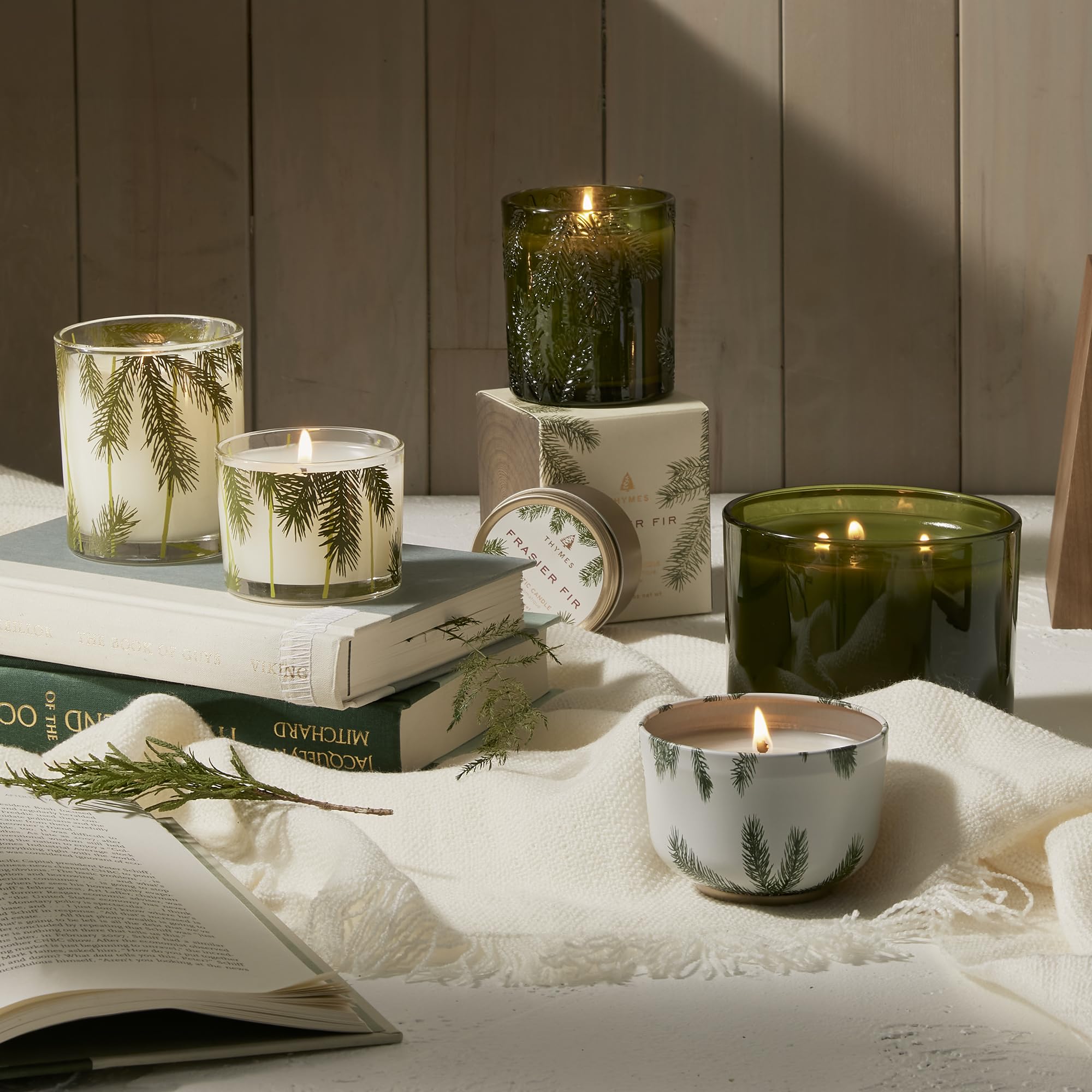 Thymes Frasier Fir candle with box, demonstrating ready-to-gift luxury