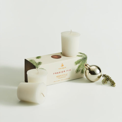 Thymes Frasier Fir single votive open top showing wick for precise trimming