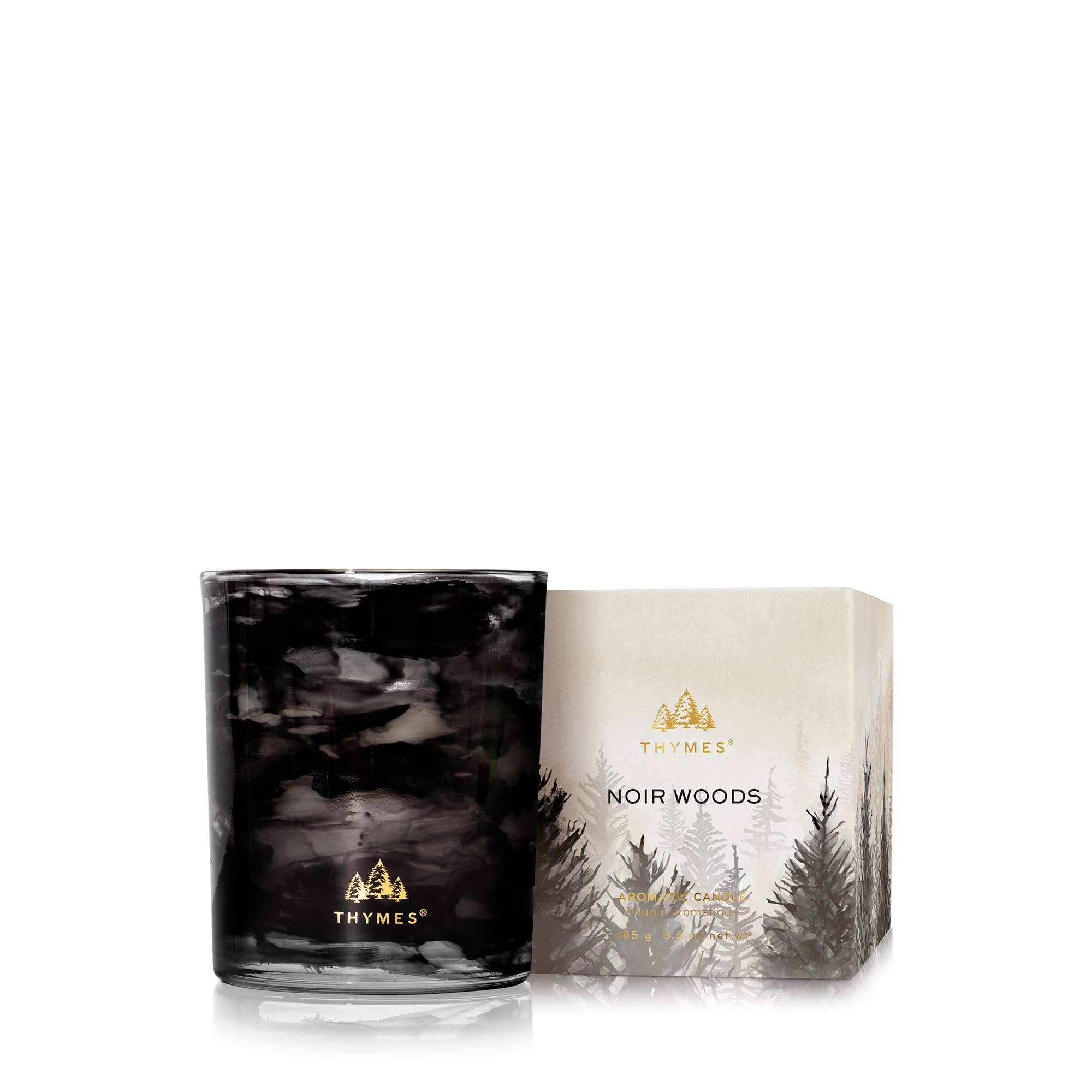 Thymes Noir Woods front packaging showing elegant black-grey vessel and gold accents