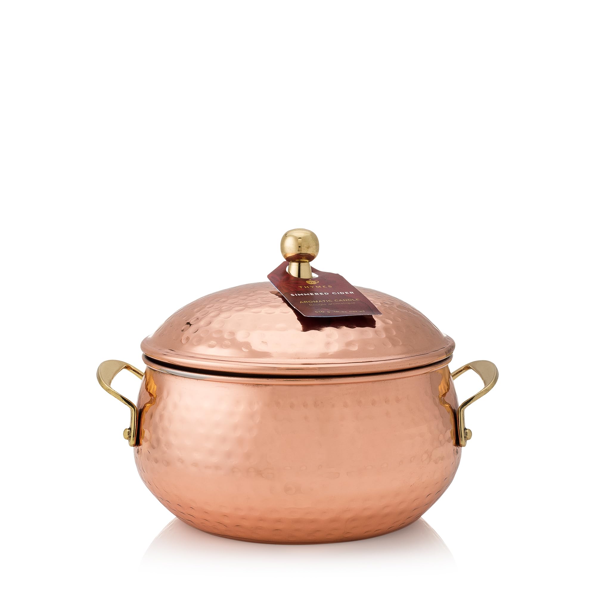 Thymes simmered cider copper candle front view showing copper finish and gold accents