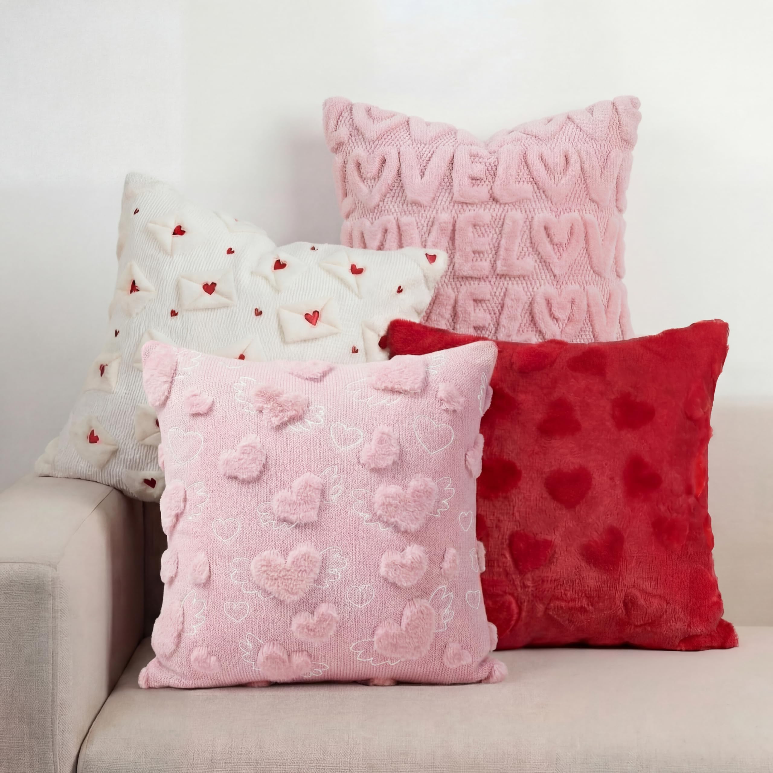 Tiamon front view of four Valentine pillow covers adding instant decor charm