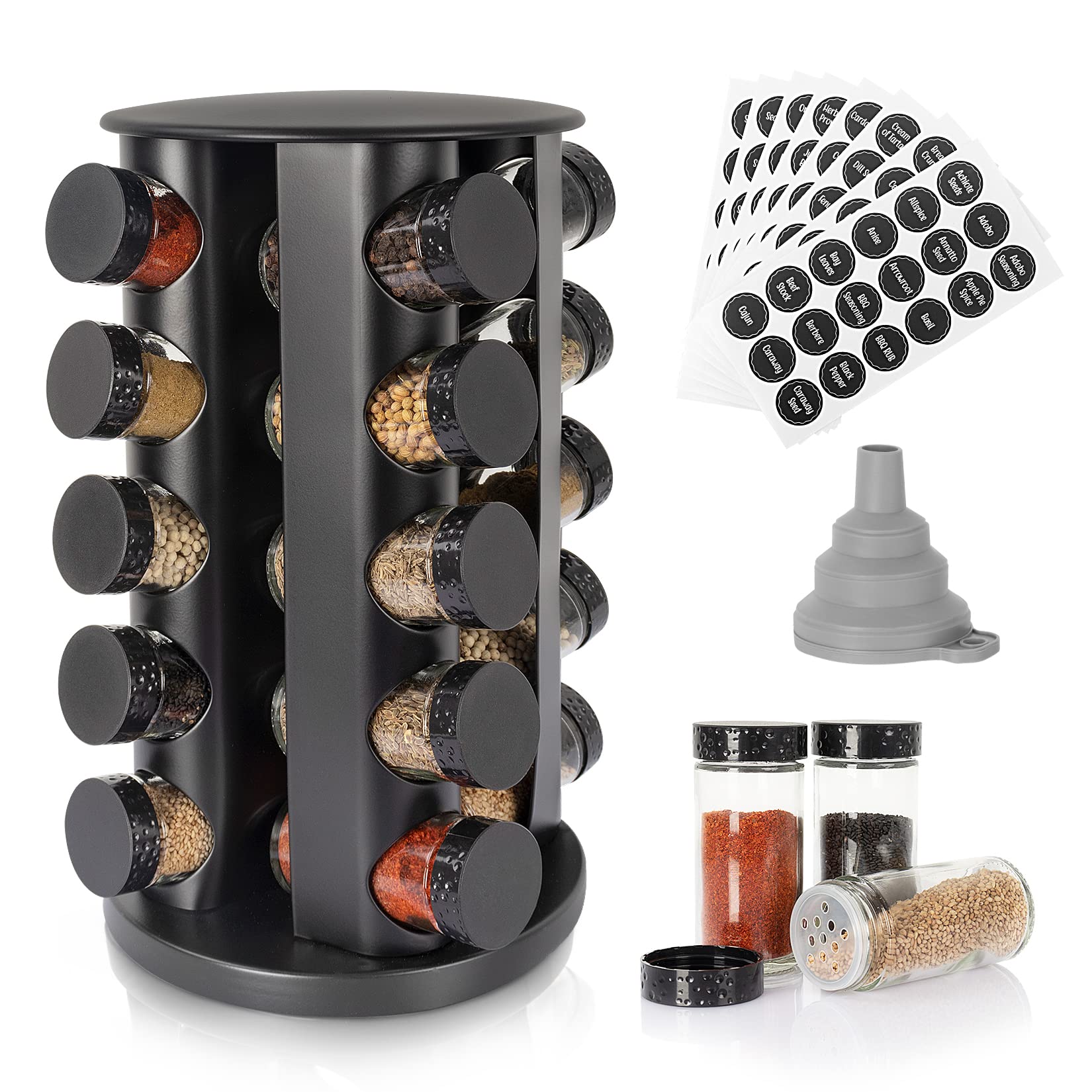 Tianifa spice rack front view showing 20 jars and revolving base for fast access
