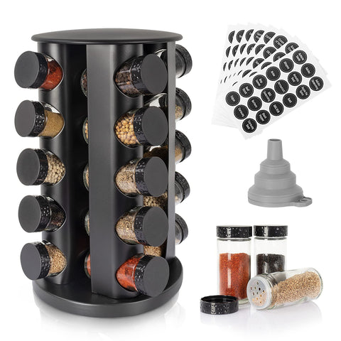 Tianifa spice rack front view showing 20 jars and revolving base for fast access