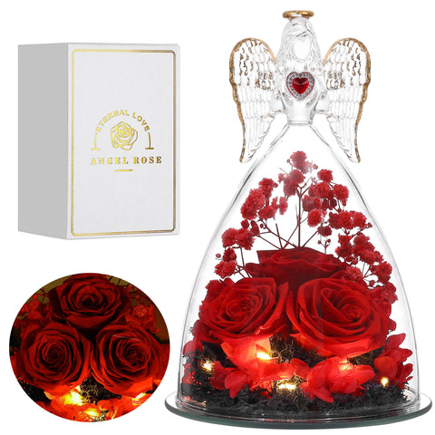 Tiaronics angel front view showing preserved rose with elegant display benefit