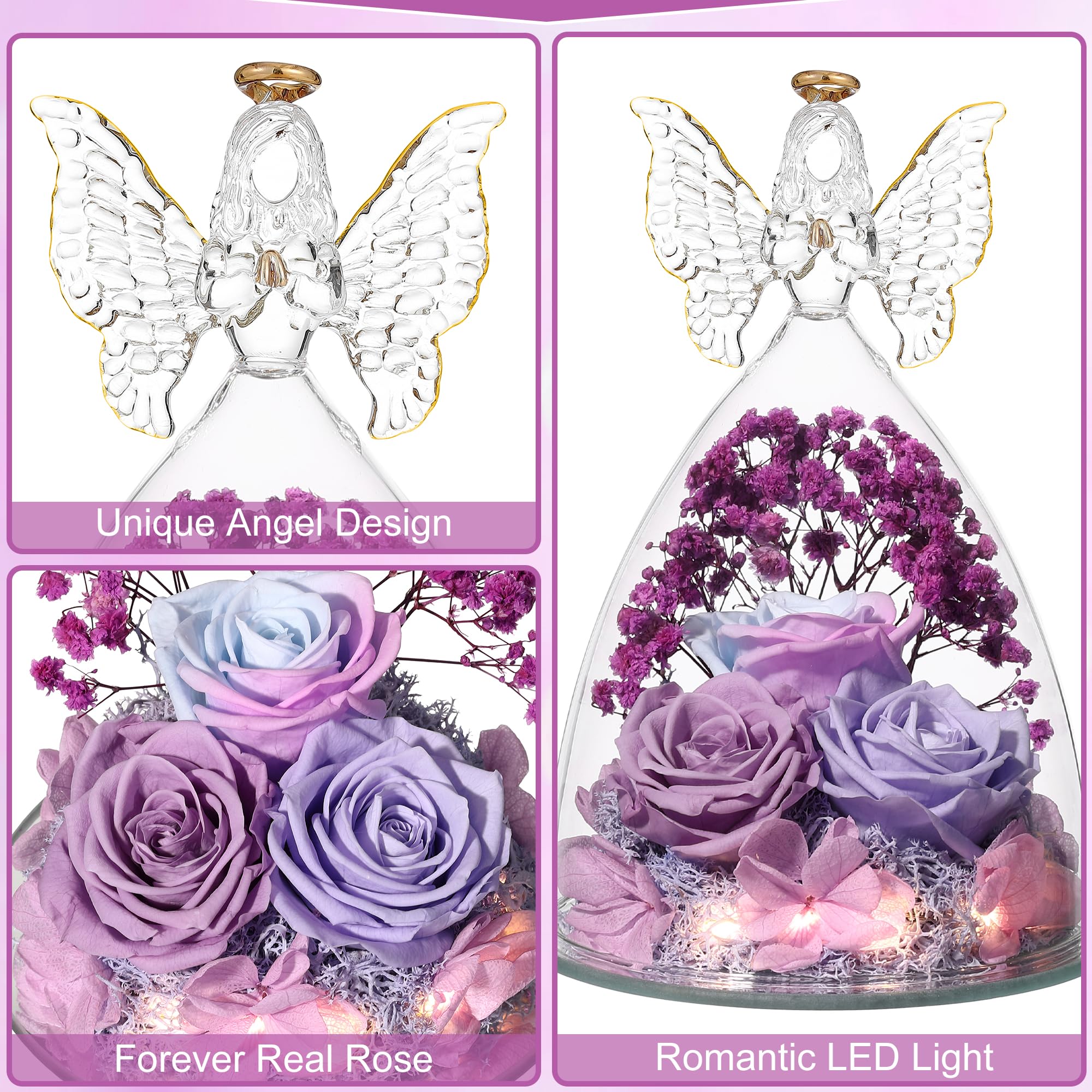 Tiaronics side profile of angel figurine showing clear glass curves and floral interior, decorative appeal