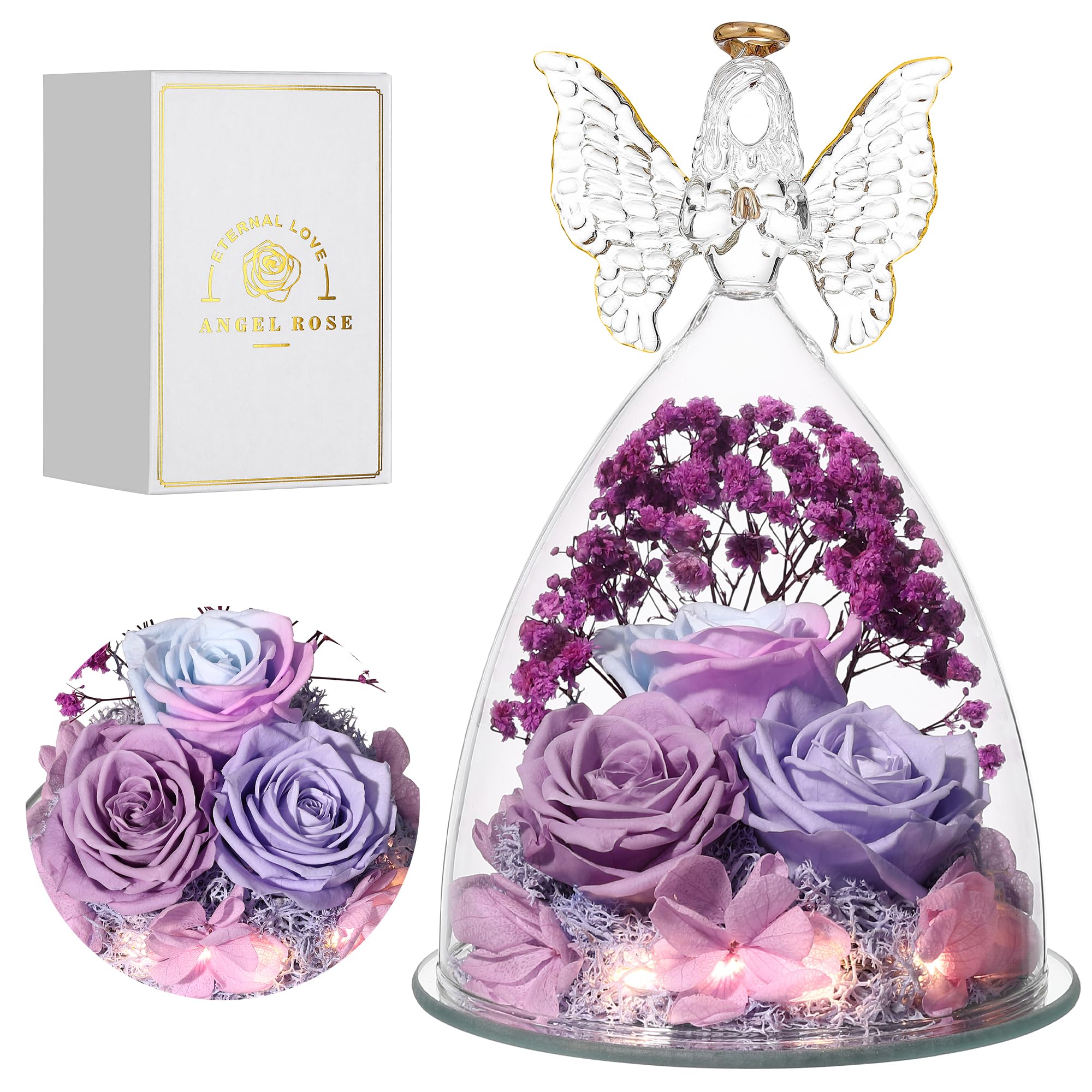 Tiaronics glass angel front view showing preserved roses and elegant silhouette, perfect keepsake
