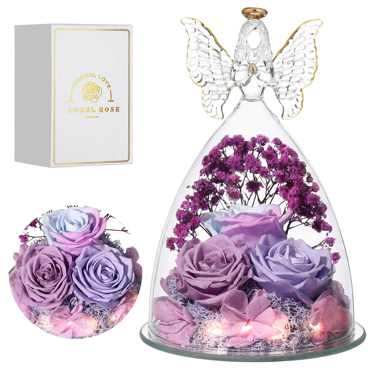 Tiaronics glass angel front view showing preserved roses and elegant silhouette, perfect keepsake