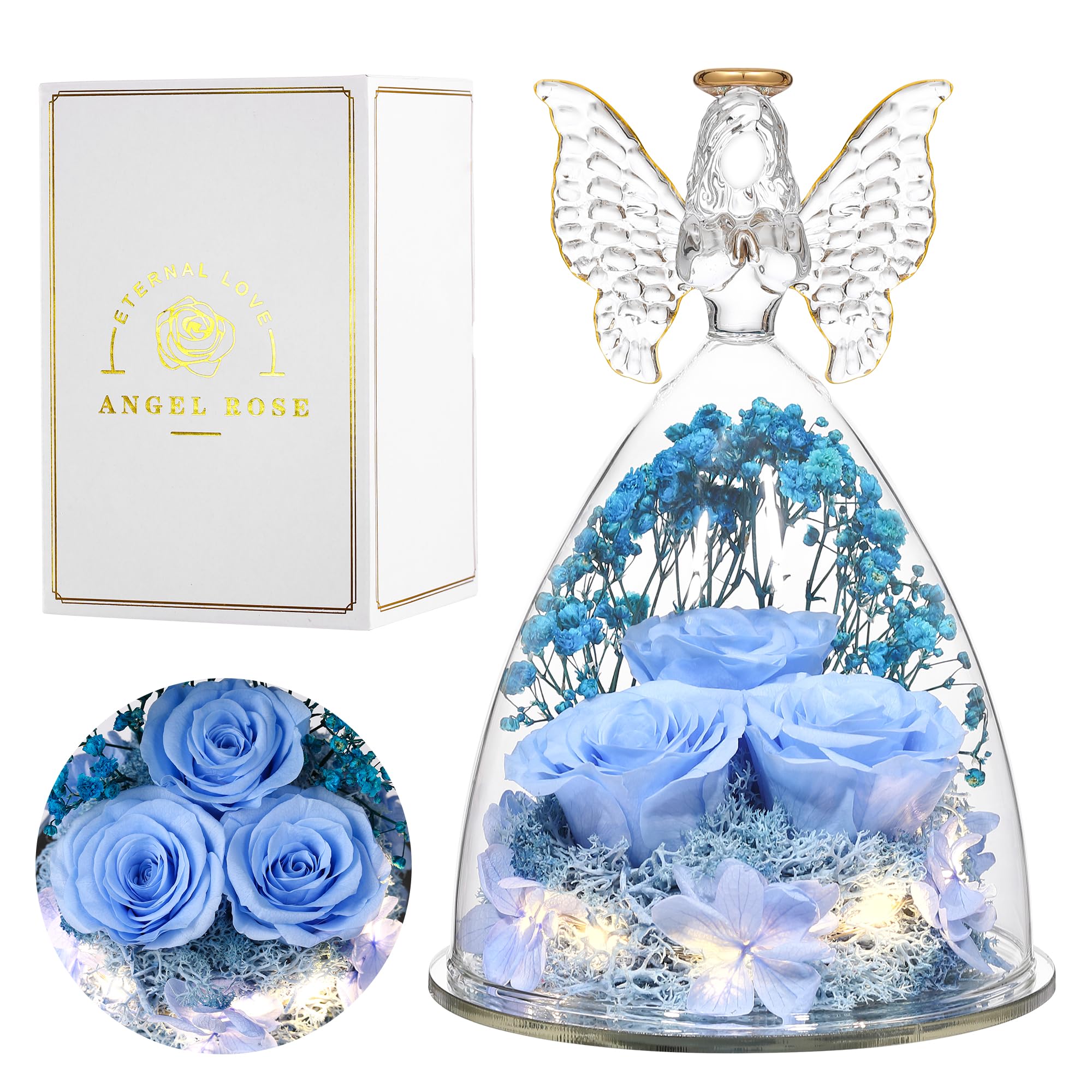 Tiaronics glass angel front view showing preserved roses and decorative appeal