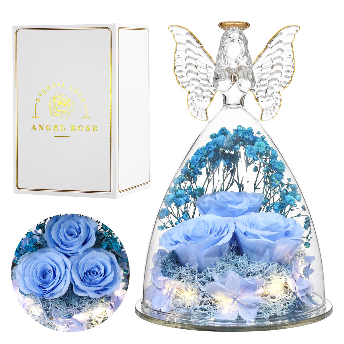 Tiaronics glass angel front view showing preserved roses and decorative appeal