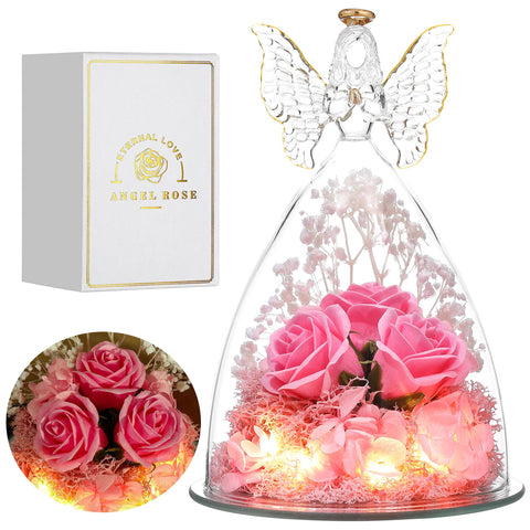 Tiaronics glass angel front view showing trio of preserved roses and display benefit