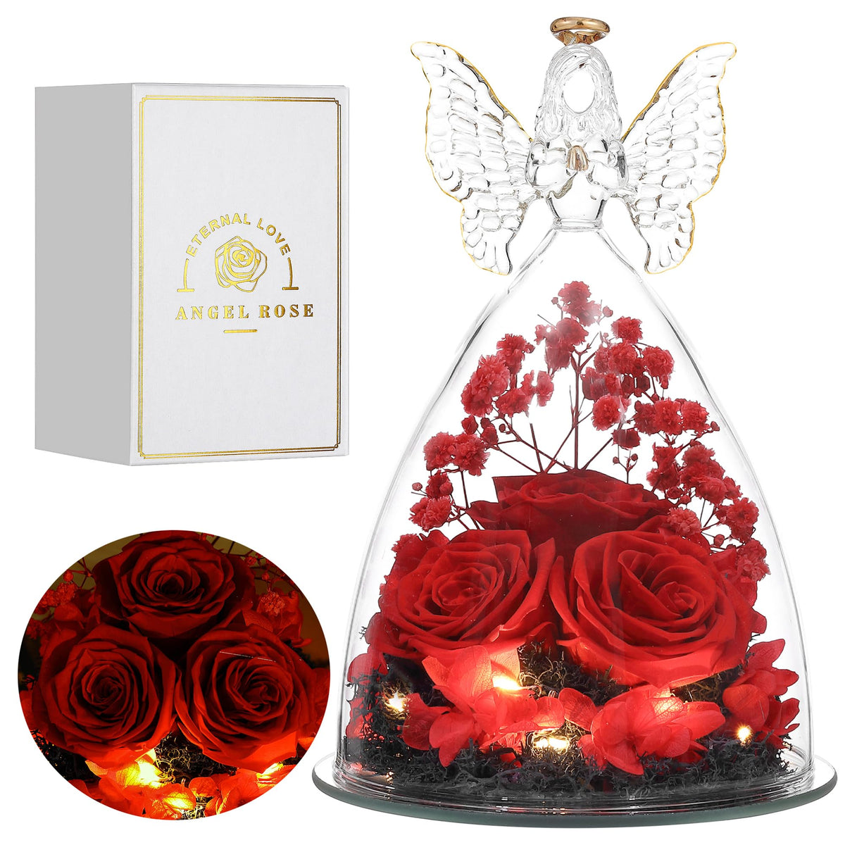 Tiaronics glass angel front view showing preserved roses and lasting elegance