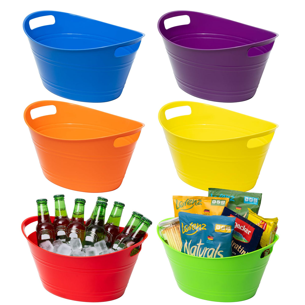 Tiawudi front view of six colorful tubs showing full set and handles for easy transport