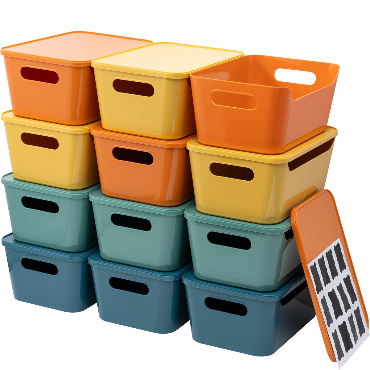 Tiawudi front view of twelve colorful bins showing neat stack and labels for quick identification
