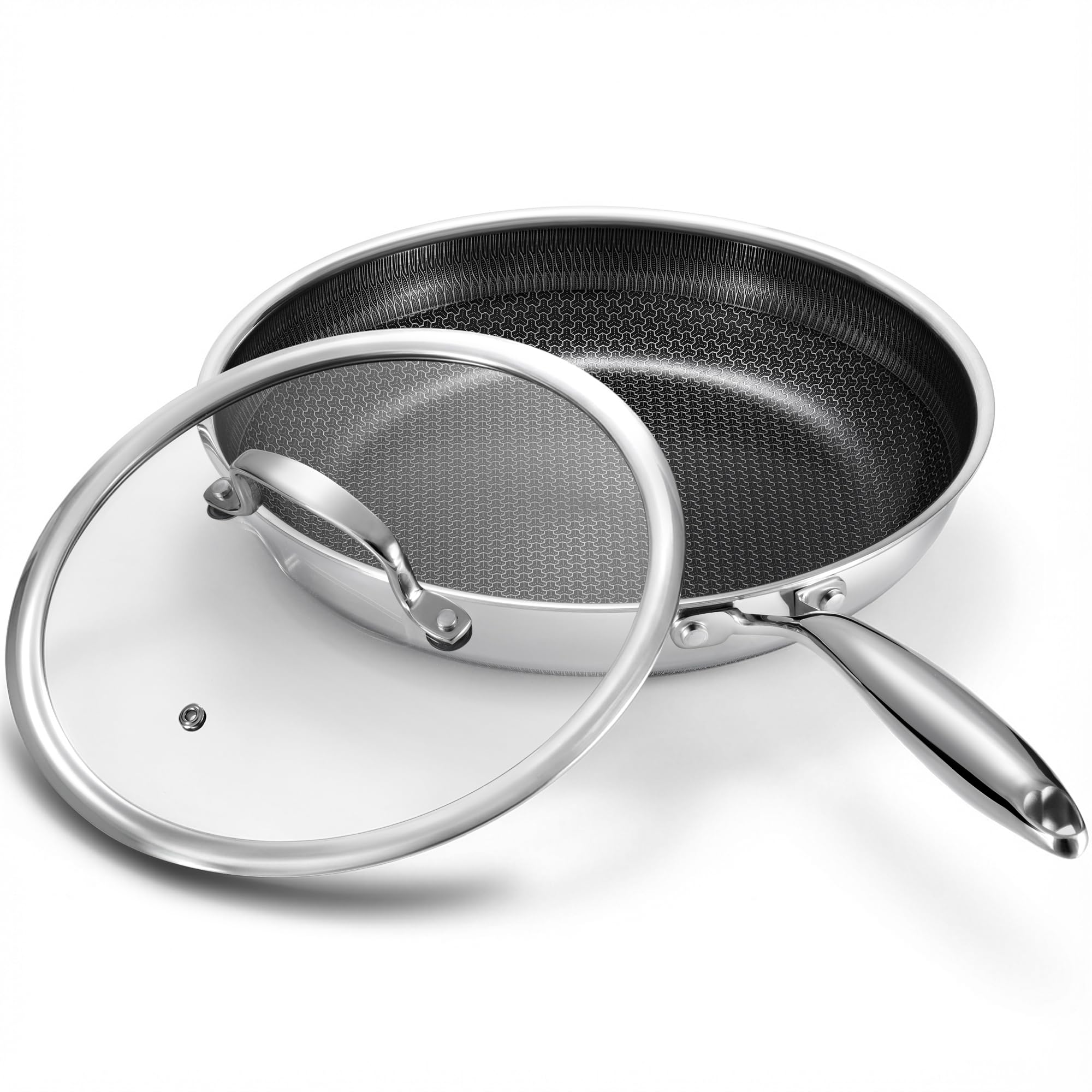 Tibbicc front view with lid showing full skillet and lid, highlights versatility