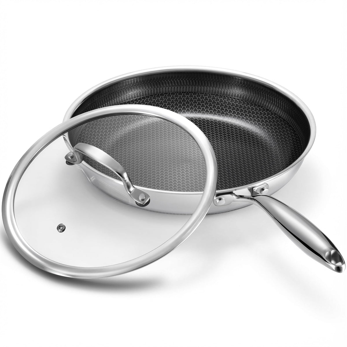 Tibbicc front view with lid showing full skillet and lid, highlights versatility