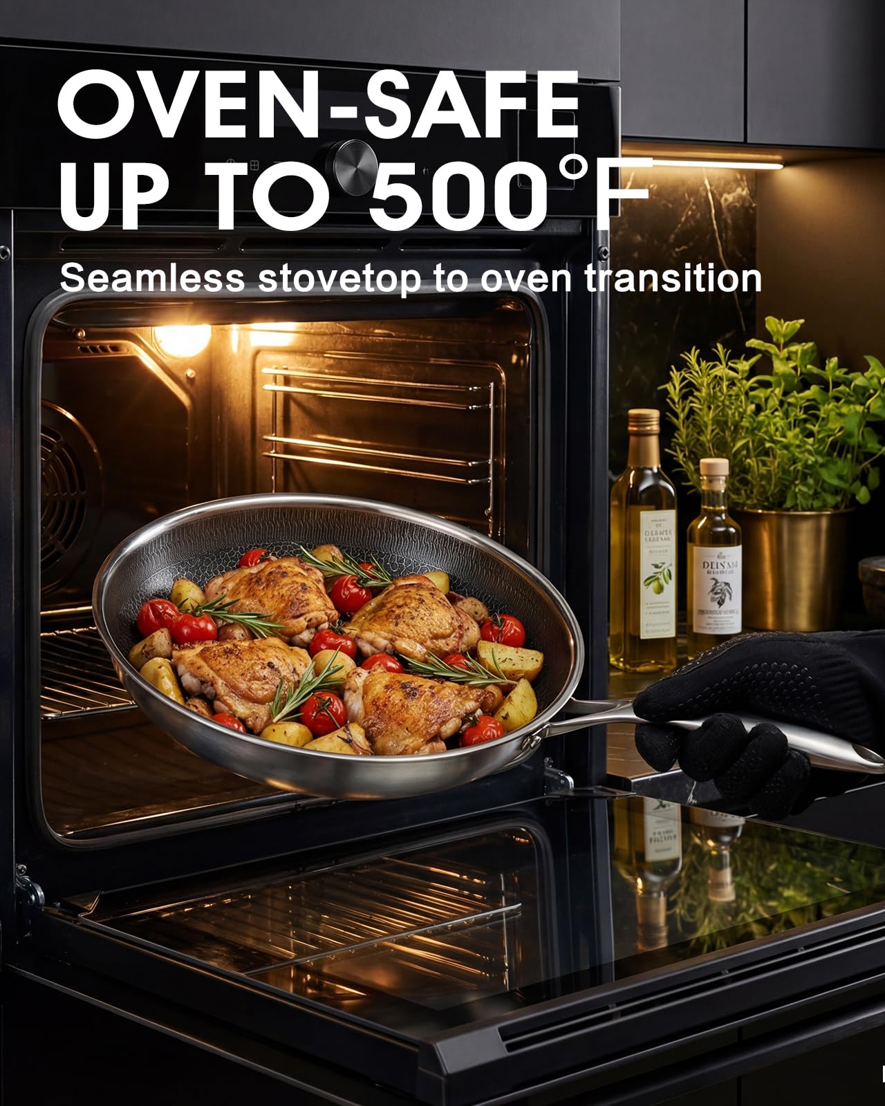 Tibbicc searing salmon on stovetop showing even browning and low oil use
