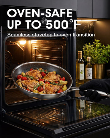 Tibbicc searing salmon on stovetop showing even browning and low oil use